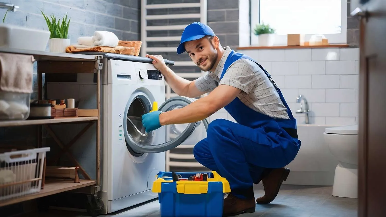 Tidy laundry room with a front loading washer