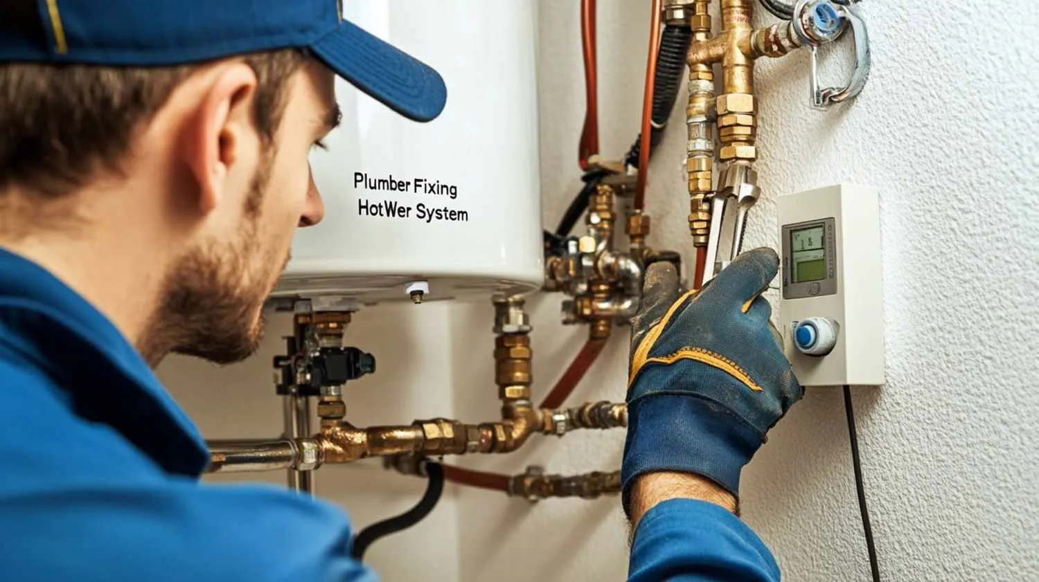 Water heating pipes and valves along a wall